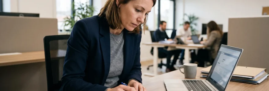 Une responsable financière analyse un rapport imprimé sur le suivi du poste client à son bureau, un ordinateur portable ouvert à côté.